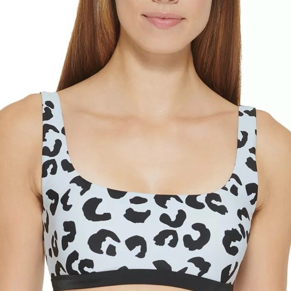 DKNY Light Blue and White Leopard Print Bikini Top